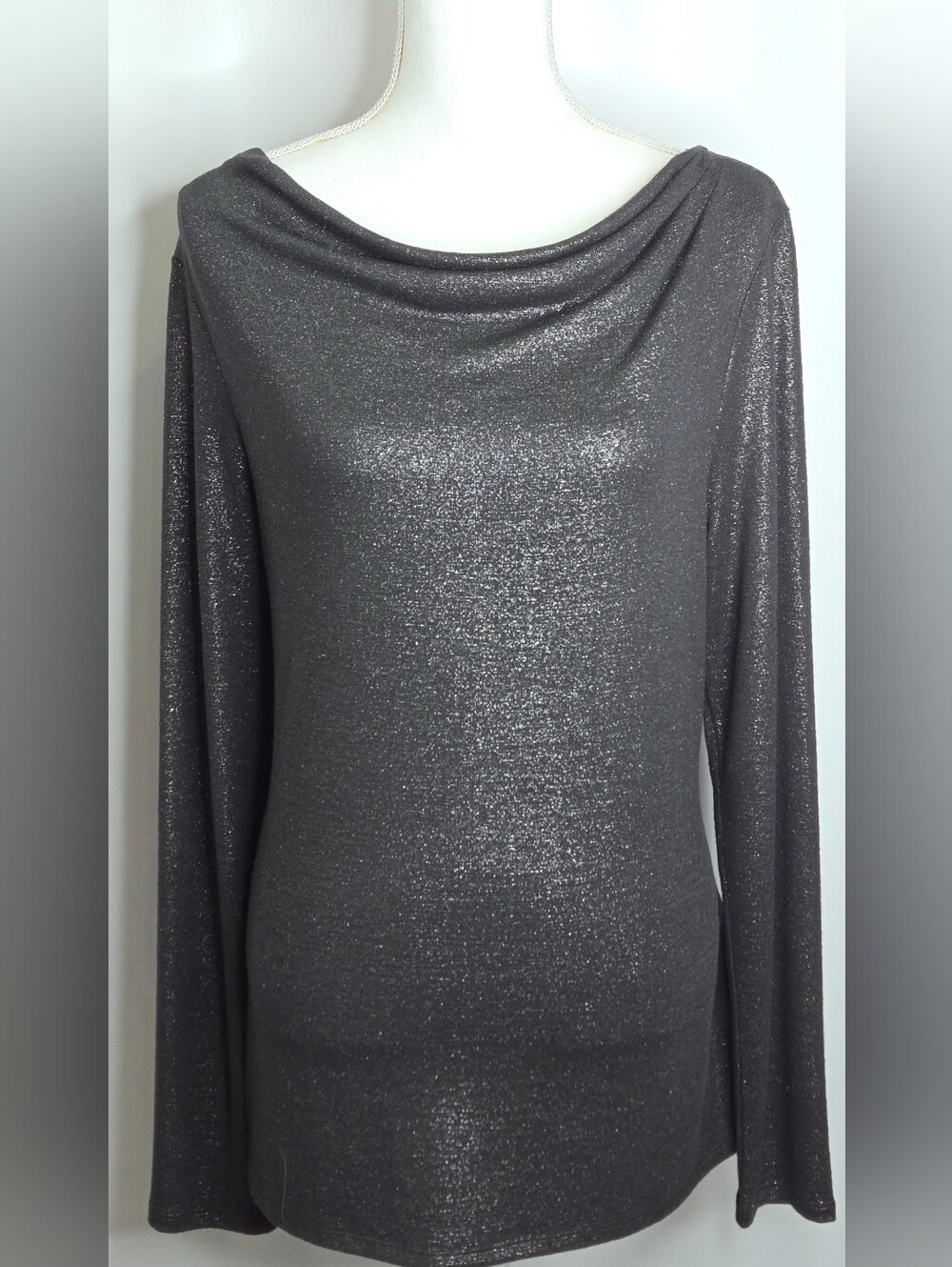​WHBM Charcoal Shimmer Metallic‎ Draped Neck Long Sleeve Top  NWOT L